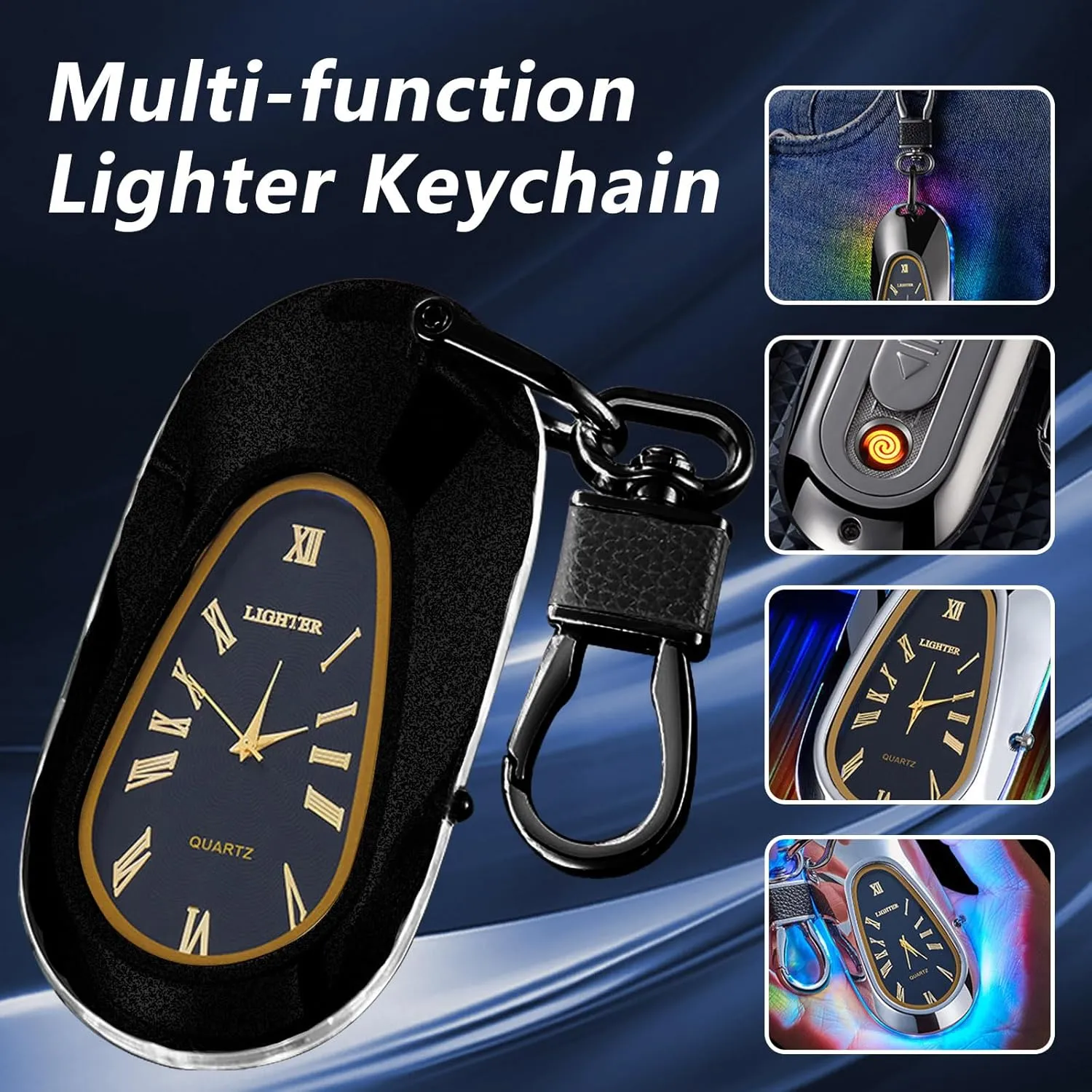 Electric Lighter Keychain Lighter with Clock USB Rechargeable Flameless Windproof Plasma Arc Lighter Fancy Cool Lighter for Men（Matte Black）