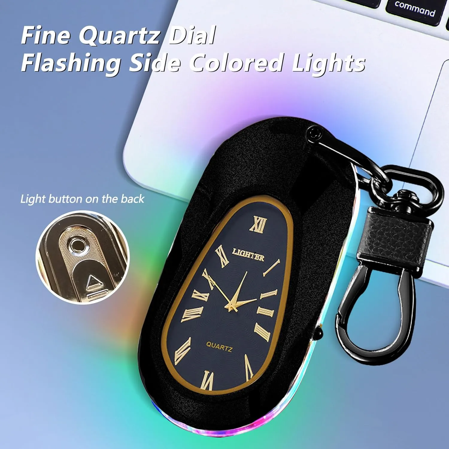 Electric Lighter Keychain Lighter with Clock USB Rechargeable Flameless Windproof Plasma Arc Lighter Fancy Cool Lighter for Men（Matte Black）