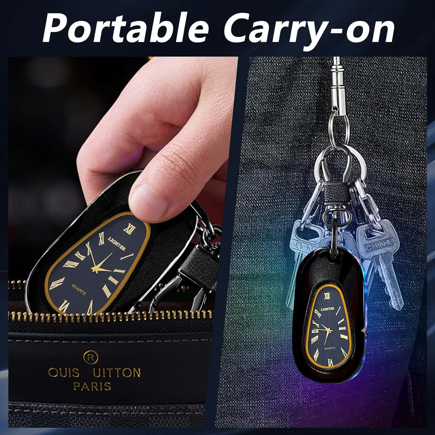 Electric Lighter Keychain Lighter with Clock USB Rechargeable Flameless Windproof Plasma Arc Lighter Fancy Cool Lighter for Men（Matte Black）