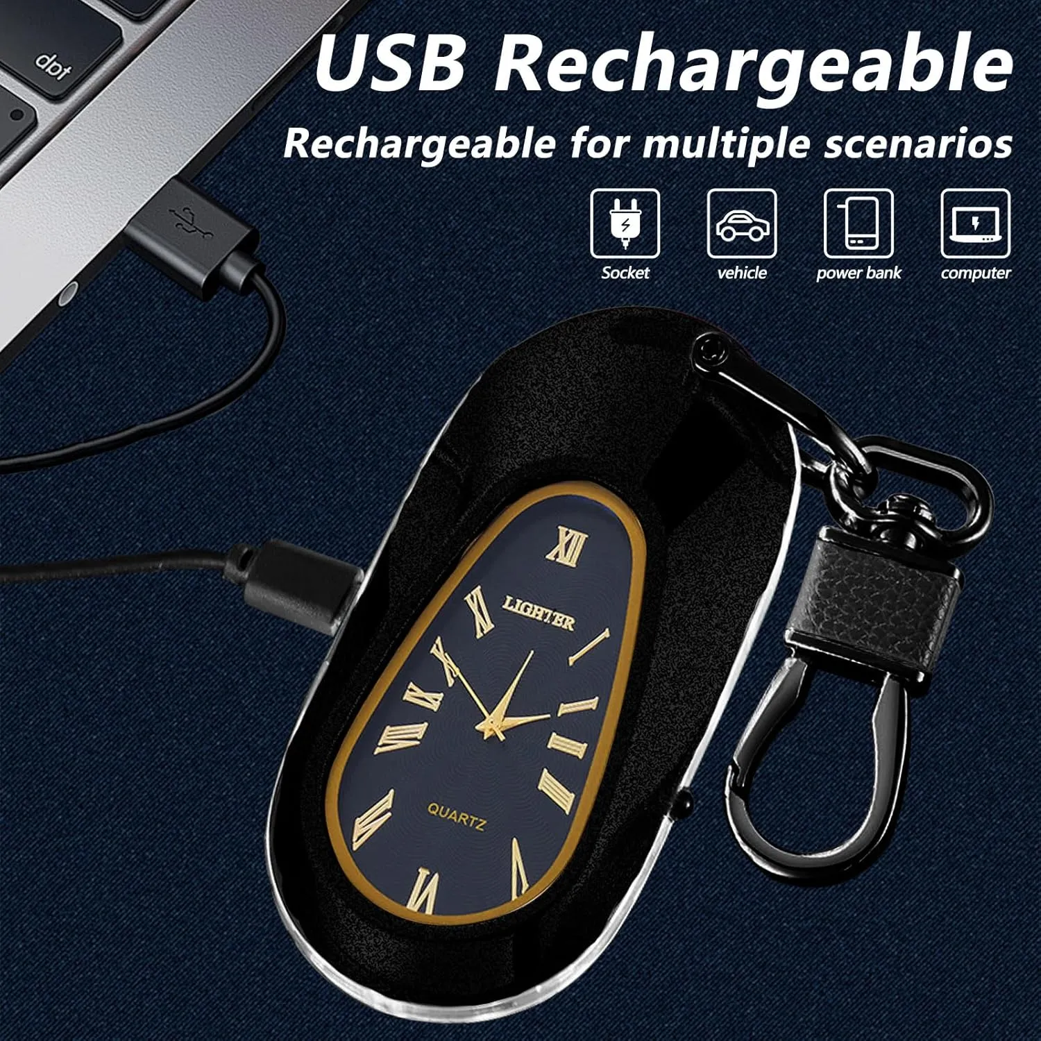 Electric Lighter Keychain Lighter with Clock USB Rechargeable Flameless Windproof Plasma Arc Lighter Fancy Cool Lighter for Men（Matte Black）