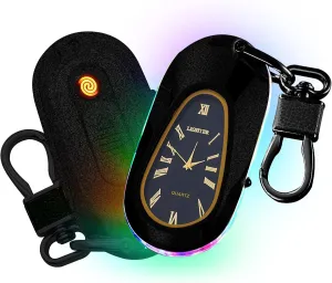 Electric Lighter Keychain Lighter with Clock USB Rechargeable Flameless Windproof Plasma Arc Lighter Fancy Cool Lighter for Men（Matte Black）