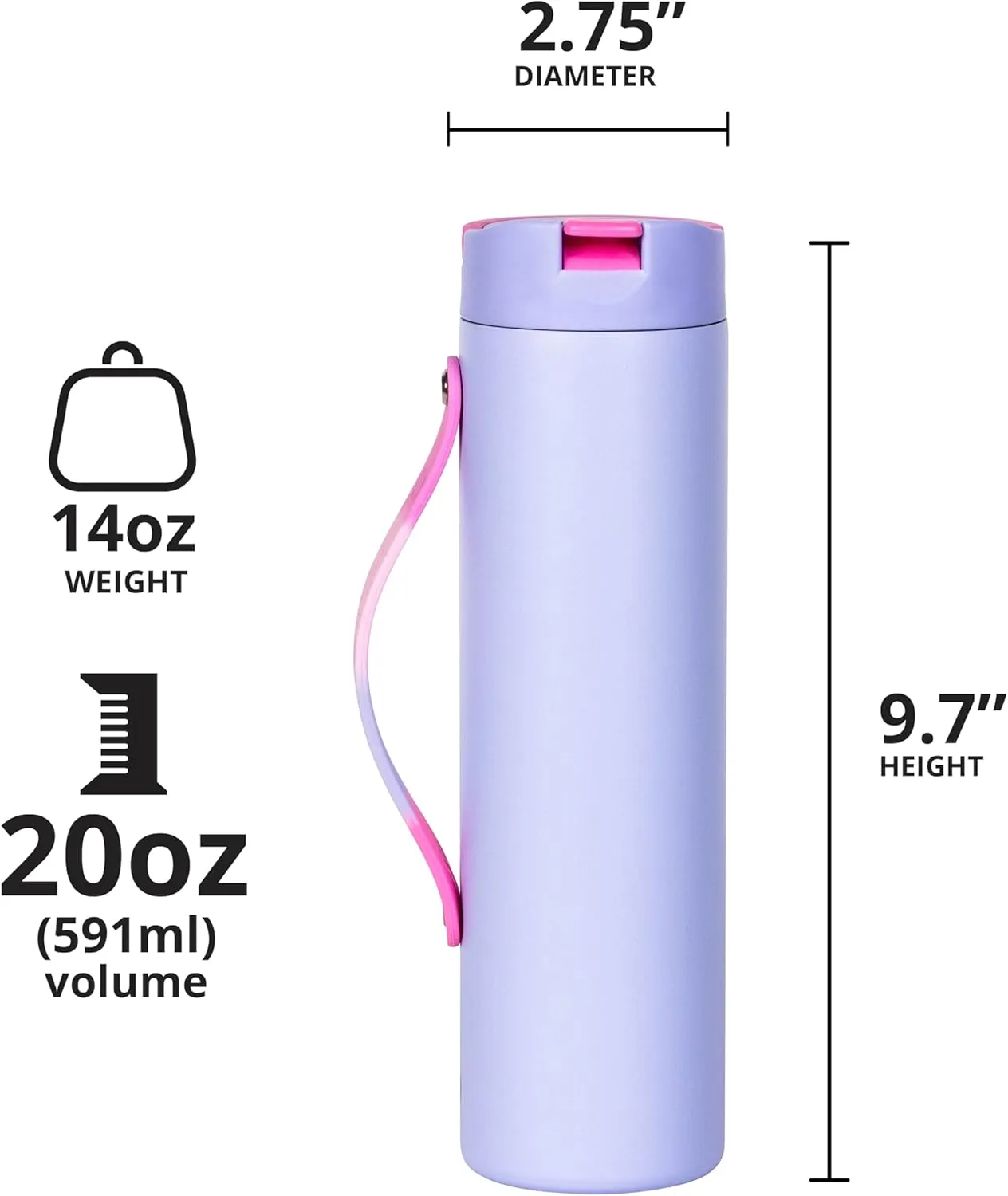 Elemental Iconic Stainless Steel Water Bottle with Straw - 20 oz Leak Proof Triple Wall Insulated Water Bottles for Travel and Sports - Reusable Gym Water Bottle with 2 Straws - Lilac Tie Dye