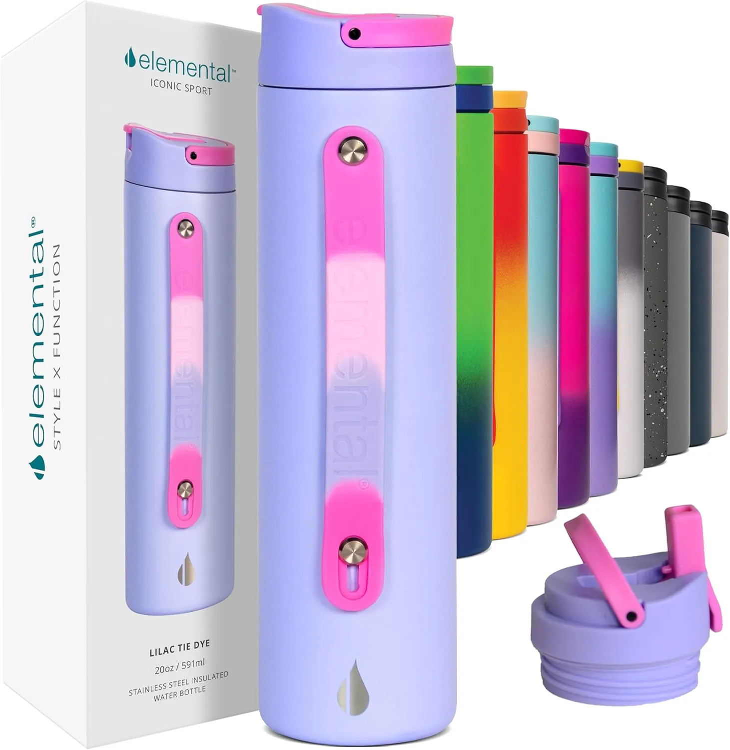 Elemental Iconic Stainless Steel Water Bottle with Straw - 20 oz Leak Proof Triple Wall Insulated Water Bottles for Travel and Sports - Reusable Gym Water Bottle with 2 Straws - Lilac Tie Dye
