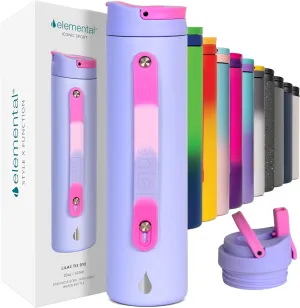 Elemental Iconic Stainless Steel Water Bottle with Straw - 20 oz Leak Proof Triple Wall Insulated Water Bottles for Travel and Sports - Reusable Gym Water Bottle with 2 Straws - Lilac Tie Dye