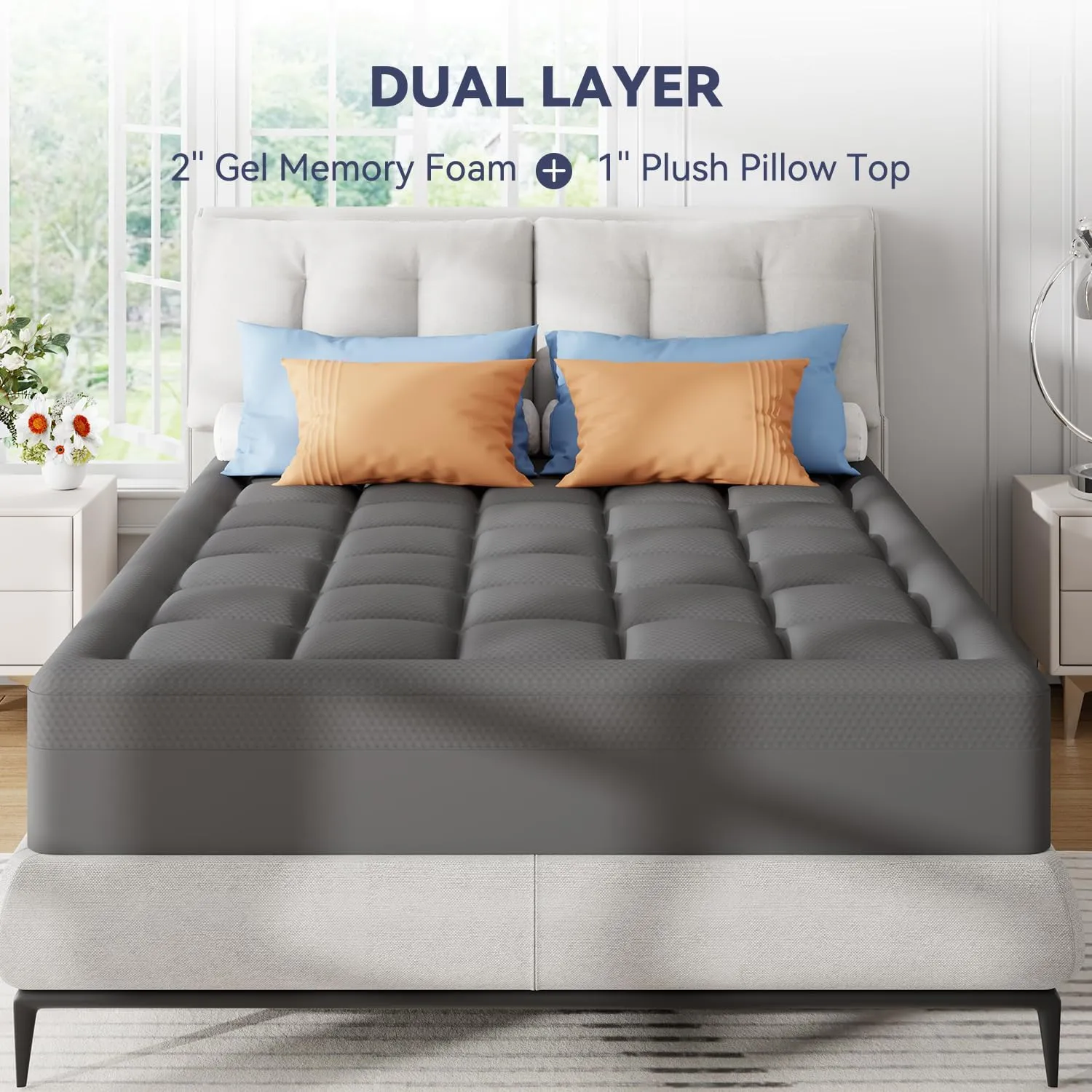 ELEMUSE Dual Layer 3 Inch Memory Foam Mattress Topper Cal King, 2 Inch Cooling Gel Memory Foam Plus 1 Inch Down Alternative Pillowtop Mattress Pad with Cooling Cover, Soft Comfort Support, Grey