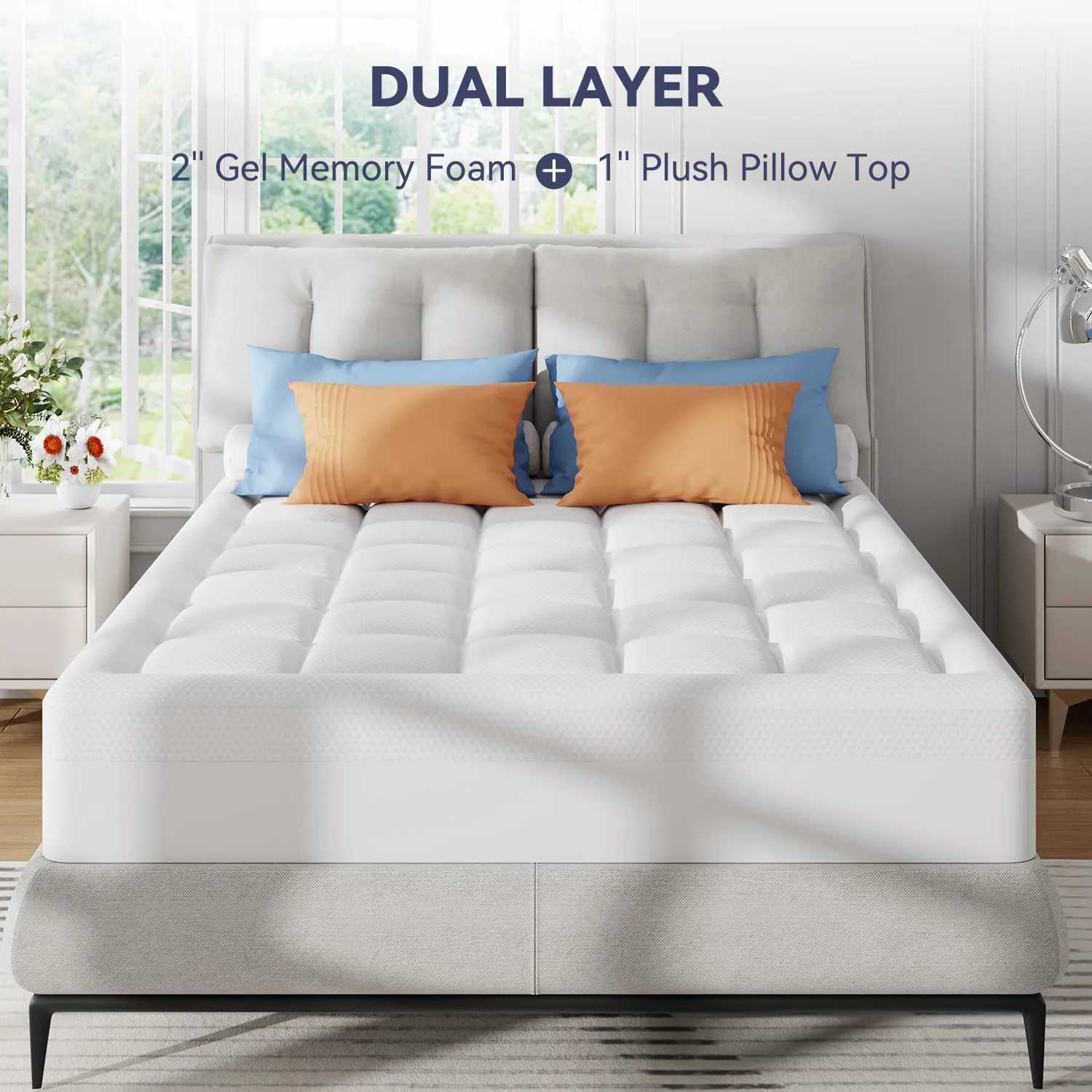 ELEMUSE Queen Size Dual Layer 3 Inch Memory Foam Mattress Topper, 2 Inch Cooling Gel Memory Foam and 1 Inch Thick Soft Pillow Top Mattress Pad Cover for Back Pain Relief, Bed Topper for Side Sleep