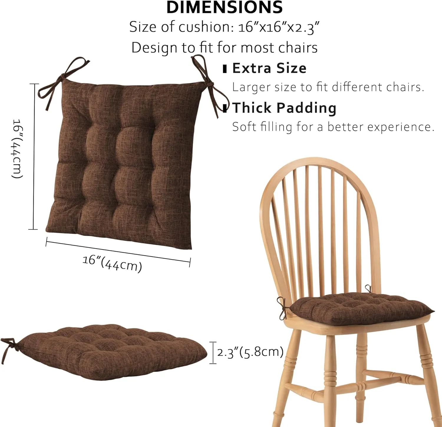 ELFJOY 4 Pack Chair Cushions for Dining Chairs Chair Pads Cushion for Kitchen Office Tufted Textured Square Seat Cushion with Ties (16" Dark Coffee)