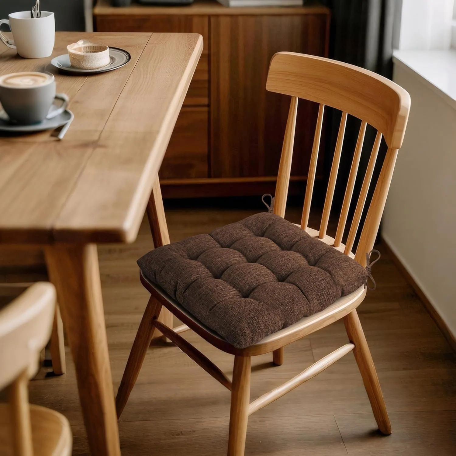 ELFJOY 4 Pack Chair Cushions for Dining Chairs Chair Pads Cushion for Kitchen Office Tufted Textured Square Seat Cushion with Ties (16" Dark Coffee)