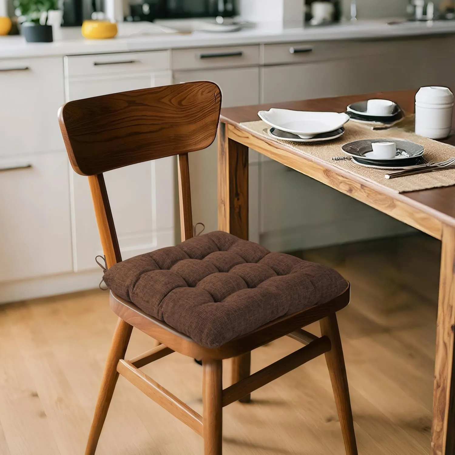 ELFJOY 4 Pack Chair Cushions for Dining Chairs Chair Pads Cushion for Kitchen Office Tufted Textured Square Seat Cushion with Ties (16" Dark Coffee)