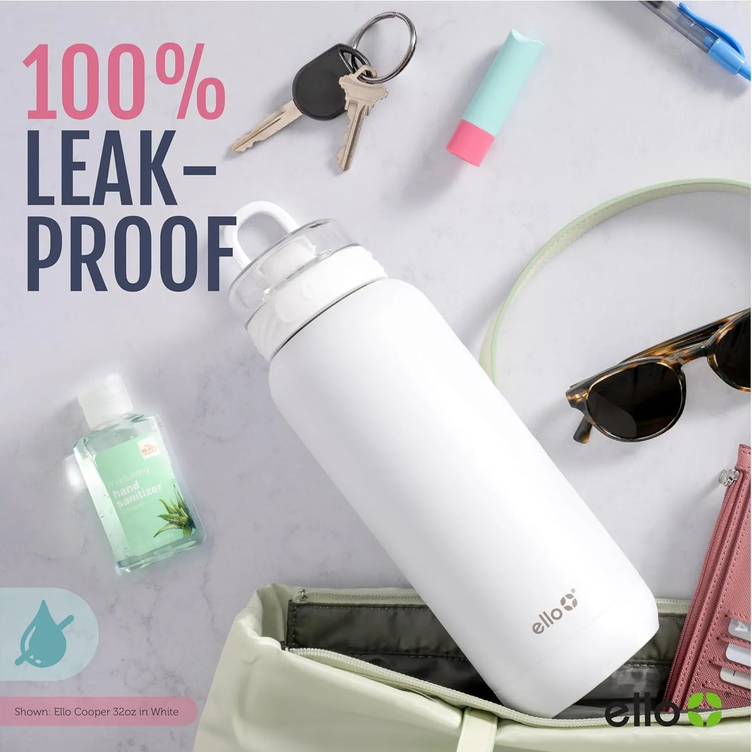 Ello Cooper 32oz Stainless Steel Water Bottle with 2 Lids Chug and Straw | Leak Proof | Double Walled and Vacuum Insulated | Built in Carry Loop | Dishwasher Safe | Lilac