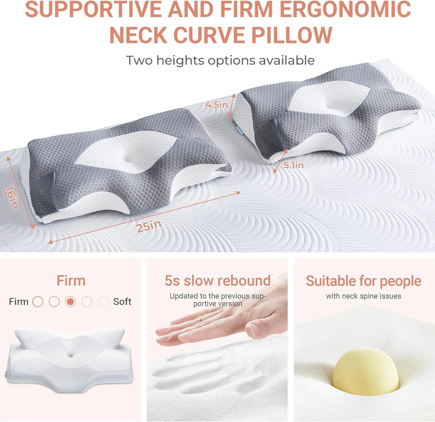 Elviros Cervical Memory Foam Pillows for Neck and Shoulder Pain, Neck Pillow for Sleeping, Side Sleeper Pillows for Adults, Ergonomic Orthopedic Sleeping for Back and Stomach Sleepers (Medium Firm)