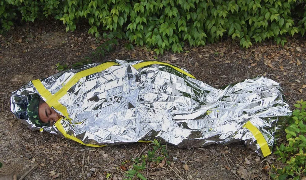 Emergency Sleeping Bag measuring 84" x 36", constructed from 24um thick Aluminized OPP Film.