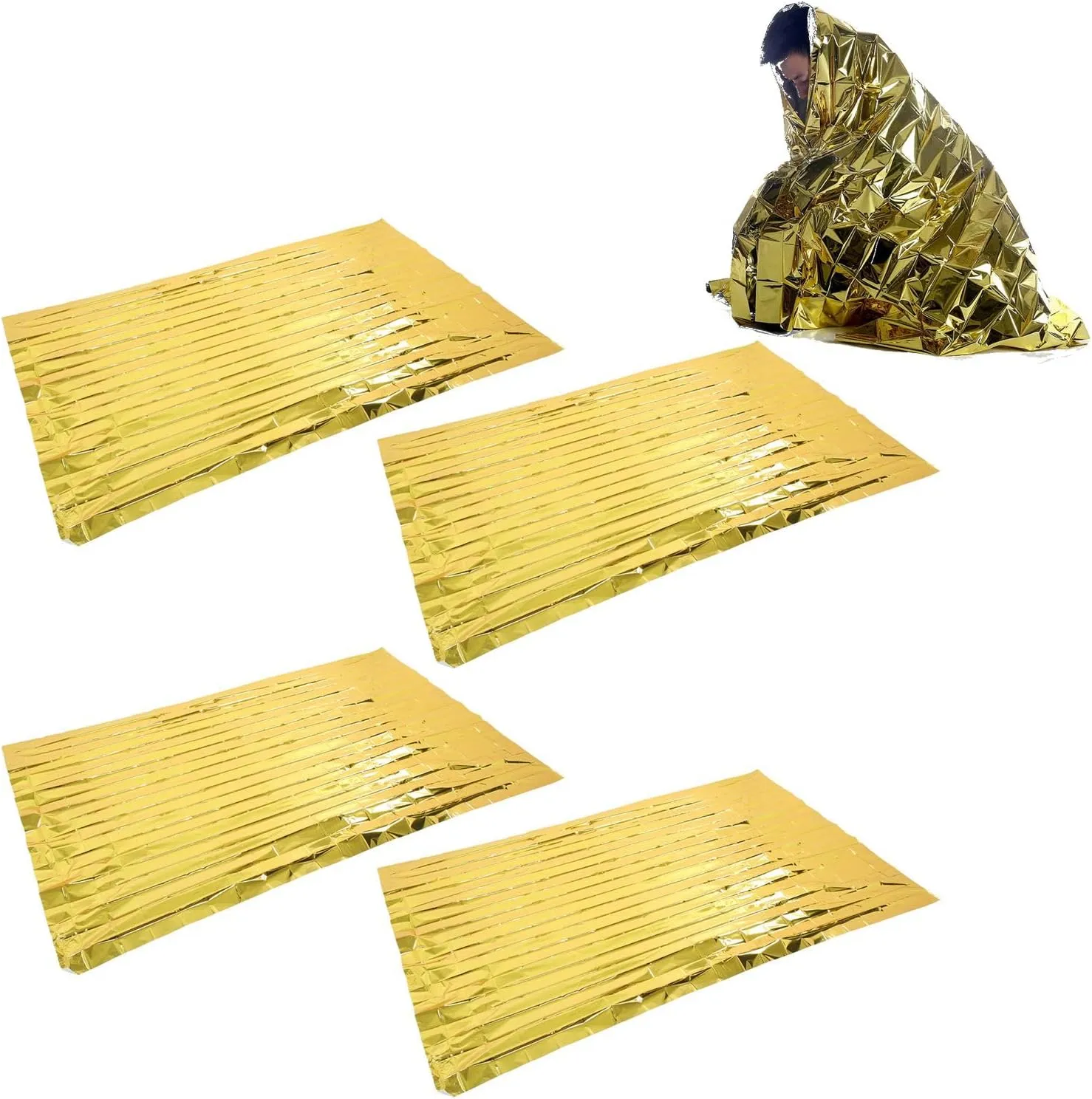 Emergency Thermal Blankets, 10 Pack, 130 X 210cm, PET Film Body Warmer Survival Blanket, Reflective Heat Insulation Water Proof, for Outdoors, Hiking, Survival (Gold)