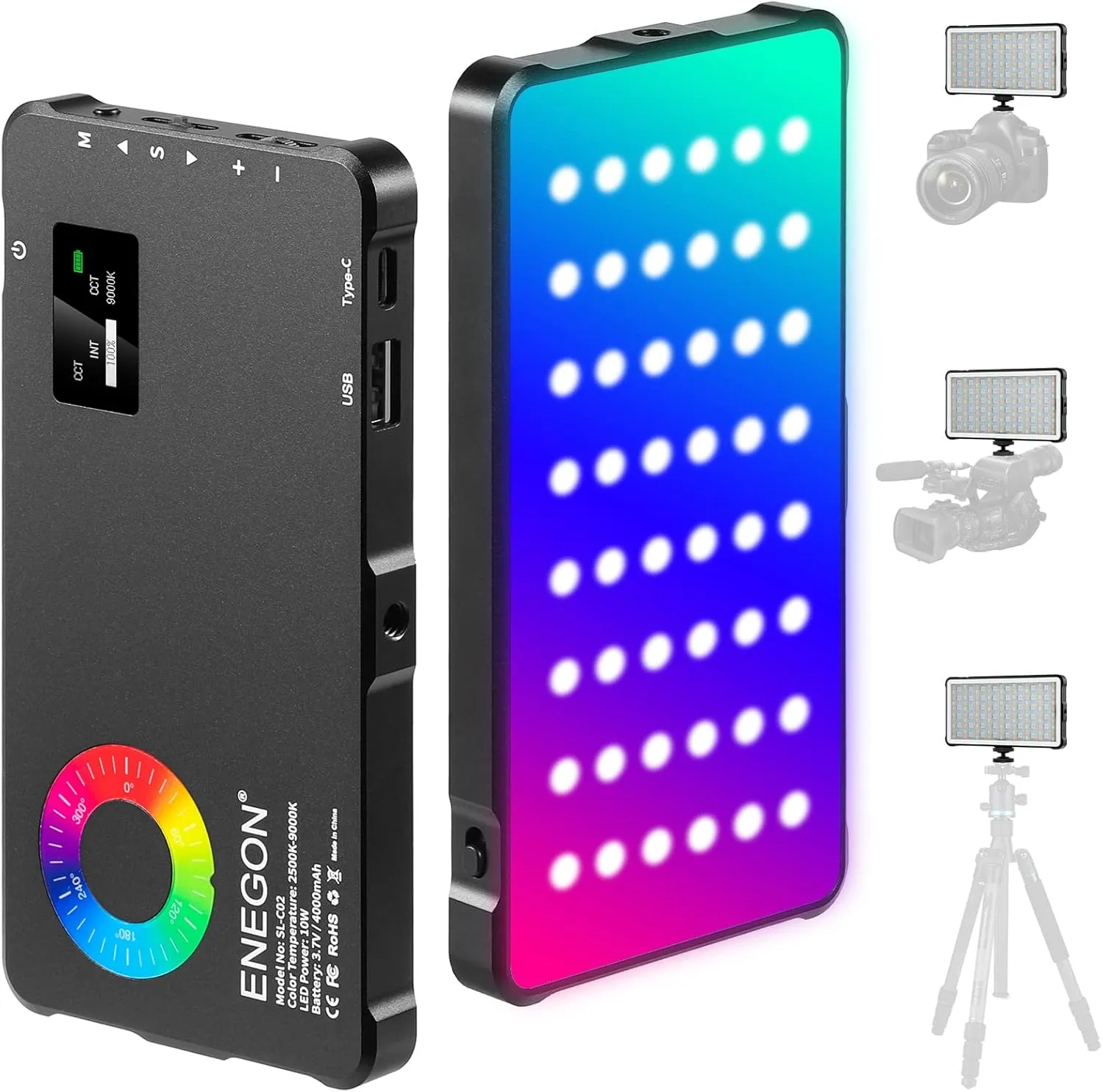 ENEGON RGB Video Light, Built-in 4000mAh Rechargeable Battery LED Camera Light Full Color 24 Common Light Effects, CRI≥95 2500-9000K LED Video Light Panel with Power Bank Function.