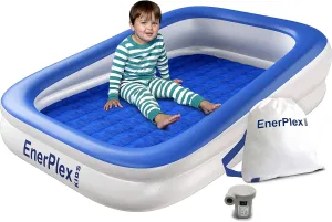 EnerPlex Kids Inflatable Travel Bed with High Speed Pump, Portable Blow up Toddler Air Mattress with Sides – Built-in Safety Bumper - Blue