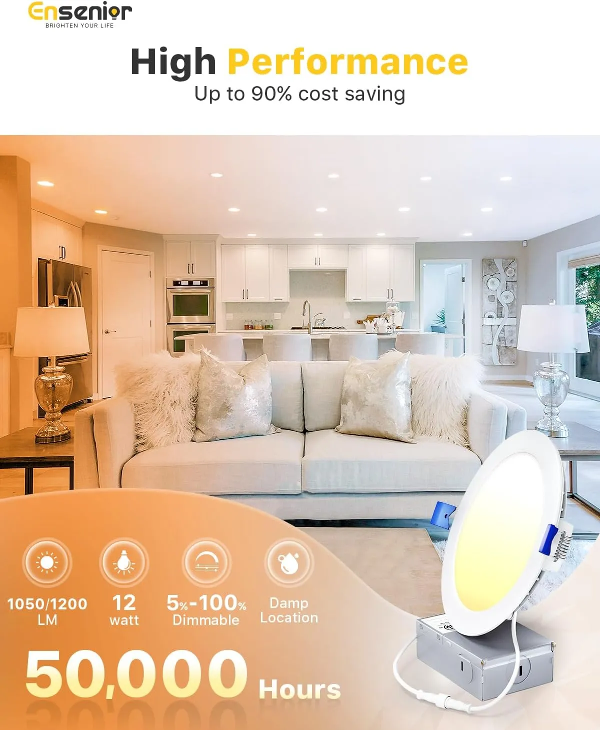 Ensenior 12 Pack 6 Inch LED Recessed Light, Dimmable, 5000K Daylight, 1050LM High Brightness, 12W 120V, Damp Rated, Intertek 5002327, ERL-12X-ETL, Ultra-Thin Canless Wafer Light - ETL & FCC & IC