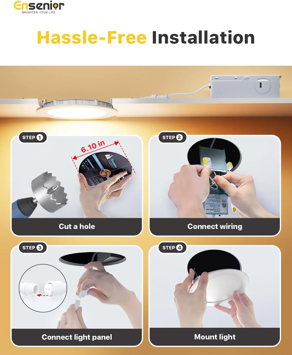 Ensenior 12 Pack 6 Inch LED Recessed Light, Dimmable, 5000K Daylight, 1050LM High Brightness, 12W 120V, Damp Rated, Intertek 5002327, ERL-12X-ETL, Ultra-Thin Canless Wafer Light - ETL & FCC & IC
