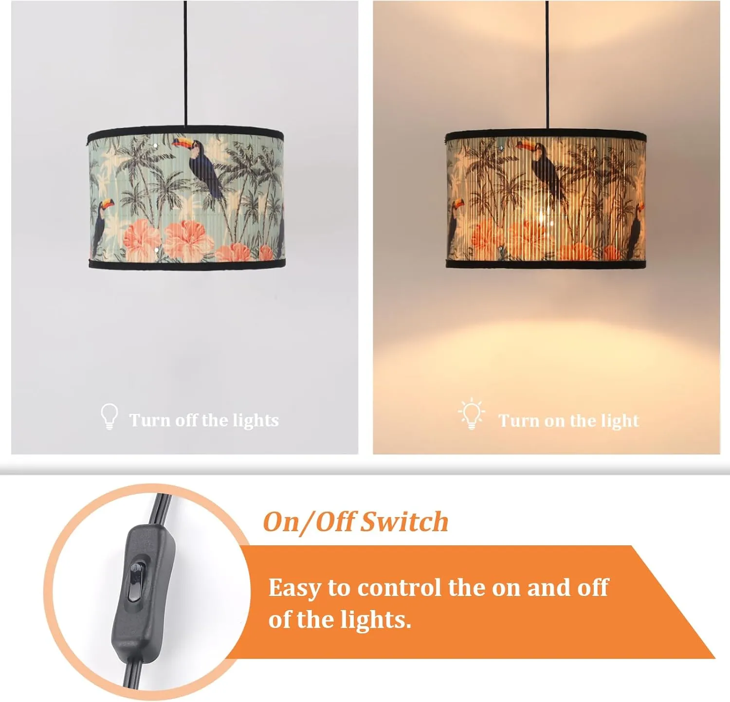 Eoiips Plug in Pendant Light Bamboo, 14.76ft Hanging Lamp with Plug in Cord, ON/Off Switch, Hanging Light Shade with Pattern, Pendant Light Fixture for Kitchen Island Bedroom Living Room(Coconut)