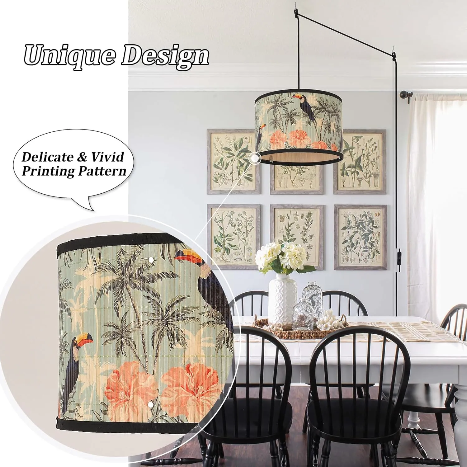 Eoiips Plug in Pendant Light Bamboo, 14.76ft Hanging Lamp with Plug in Cord, ON/Off Switch, Hanging Light Shade with Pattern, Pendant Light Fixture for Kitchen Island Bedroom Living Room(Coconut)