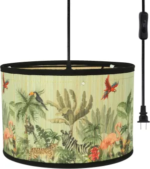 Eoiips Plug in Pendant Light Bamboo, 14.76ft Hanging Lamp with Plug in Cord, ON/Off Switch, Hanging Light Shade with Pattern, Pendant Light Fixture for Kitchen Island Bedroom Living Room(Flamingo)
