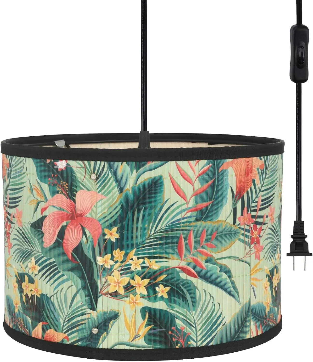 Eoiips Plug in Pendant Light Bamboo, 14.76ft Hanging Lamp with Plug in Cord, ON/Off Switch, Hanging Light Shade with Pattern, Pendant Light Fixture for Kitchen Island Bedroom Living Room(Flower)