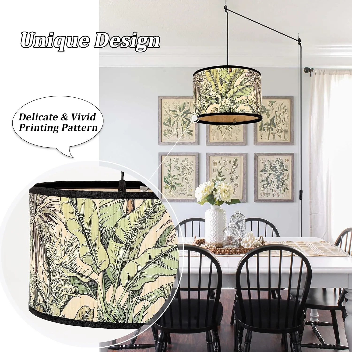 Eoiips Plug in Pendant Light Bamboo, 14.76ft Hanging Lamp with Plug in Cord, ON/Off Switch, Hanging Light Shade with Pattern, Pendant Lights for Kitchen Island Bedroom Living Room (Greenery-B)