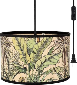 Eoiips Plug in Pendant Light Bamboo, 14.76ft Hanging Lamp with Plug in Cord, ON/Off Switch, Hanging Light Shade with Pattern, Pendant Lights for Kitchen Island Bedroom Living Room (Greenery-B)
