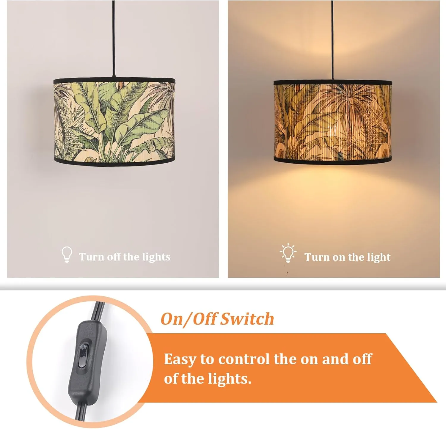Eoiips Plug in Pendant Light Bamboo, 14.76ft Hanging Lamp with Plug in Cord, ON/Off Switch, Hanging Light Shade with Pattern, Pendant Lights for Kitchen Island Bedroom Living Room (Greenery-B)