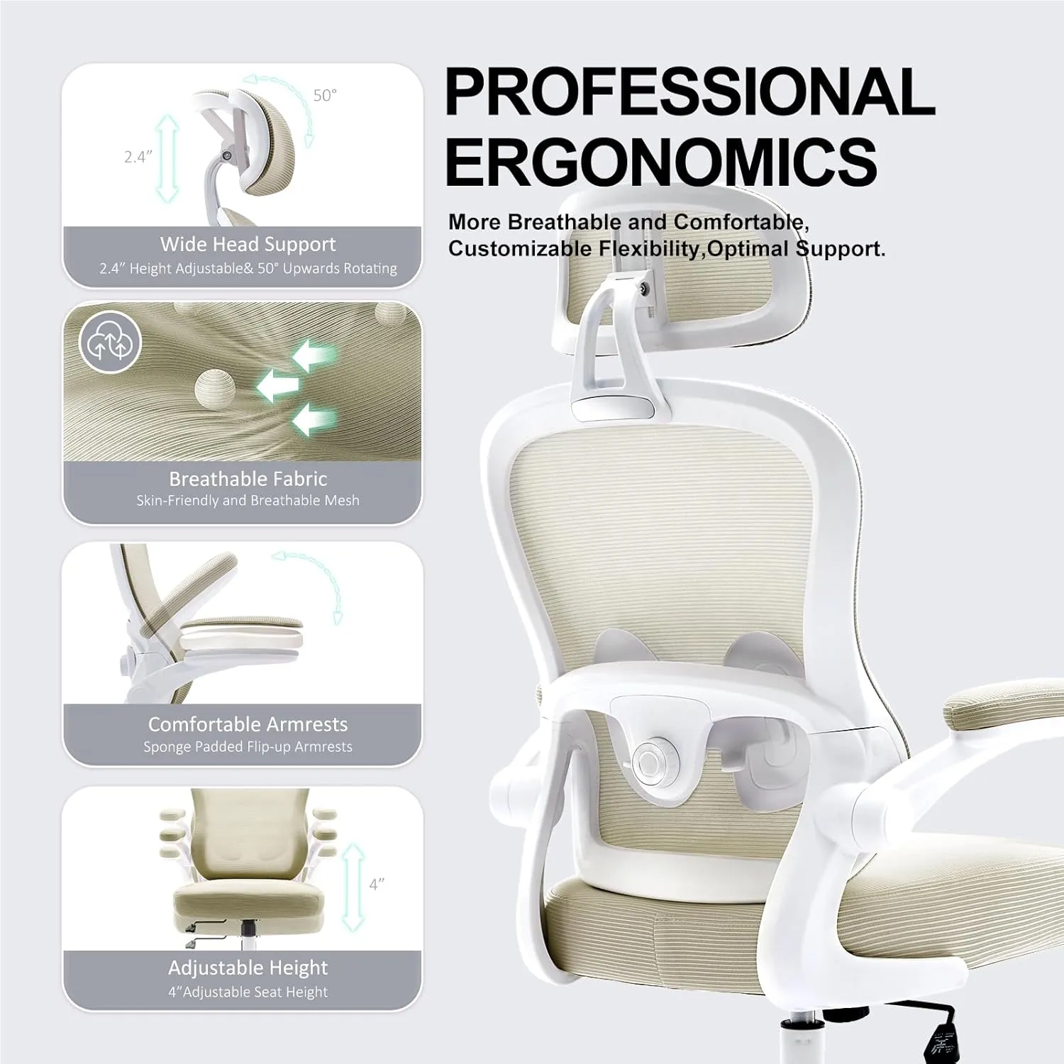 Ergonomic Office Chair,Ultra Thick Office Desk Chair with Adjustable Lumbar Support and Headrest,Spring Cushion,Rocking Function,Flip-up arms,Mesh Computer Chair for Home Office,Khaki