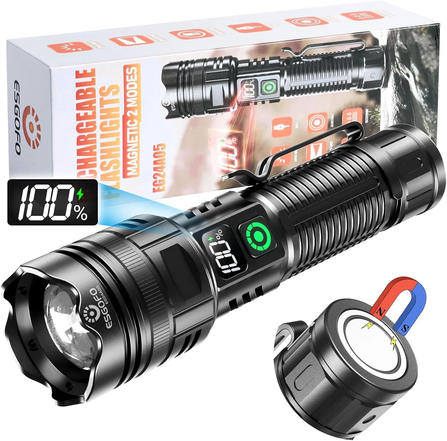 Esgofo Rechargeable Flashlights High Lumens 2000 2 Modes High/Low, Super Bright Magnetic LED Flashlight Long Distance 3280FT, Small Powerful Long Lasting 10 Hours Strong Flash Light USB C with Clip