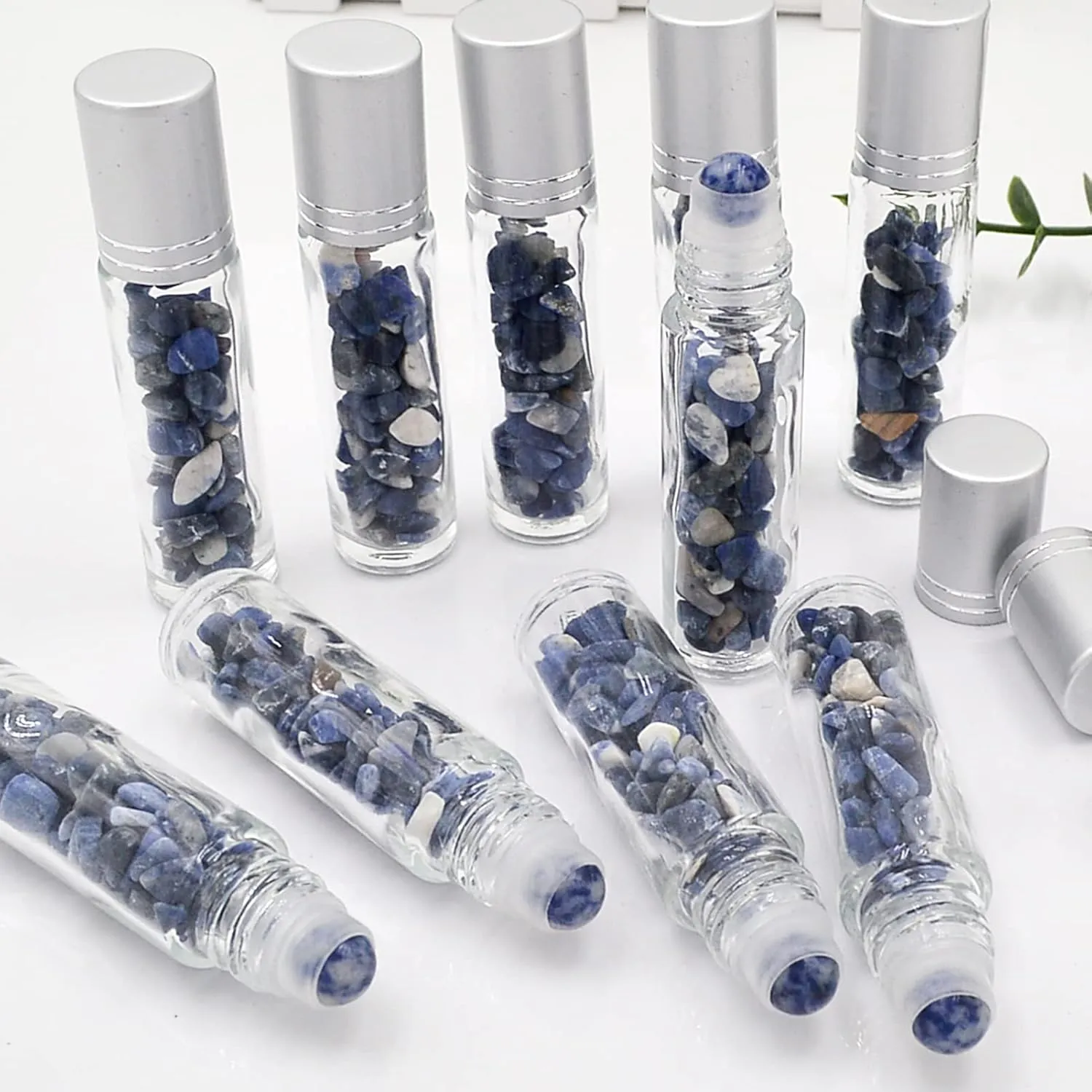 Essential Oil Roller Bottle EVA Carrying Travel Case and 10pcs Essential Oil Gemstone Roller Ball Bottles Frosted Glass Inside 10ml Healing Crystal Chips Feng Shui Roller (Bluestone)