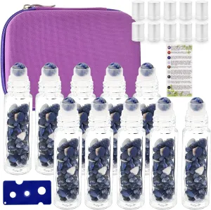 Essential Oil Roller Bottle EVA Carrying Travel Case and 10pcs Essential Oil Gemstone Roller Ball Bottles Frosted Glass Inside 10ml Healing Crystal Chips Feng Shui Roller (Bluestone)
