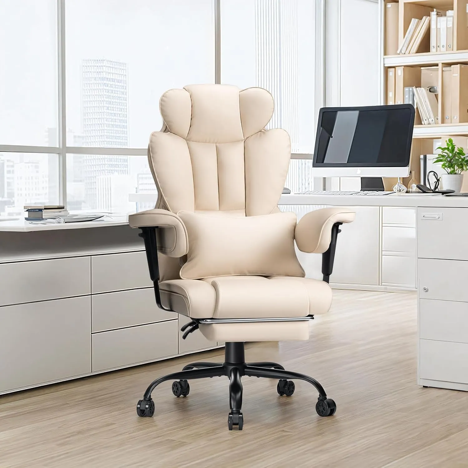 Executive Office Chair Big and Tall with Massage Lumbar Support 450lbs Reclining Office Chair with Footrest Heavy Duty Desk Chair High Back Ergonomic Leather Chair for Heavy People Beige