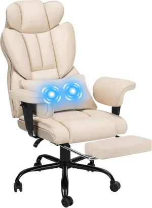 Executive Office Chair Big and Tall with Massage Lumbar Support 450lbs Reclining Office Chair with Footrest Heavy Duty Desk Chair High Back Ergonomic Leather Chair for Heavy People Beige