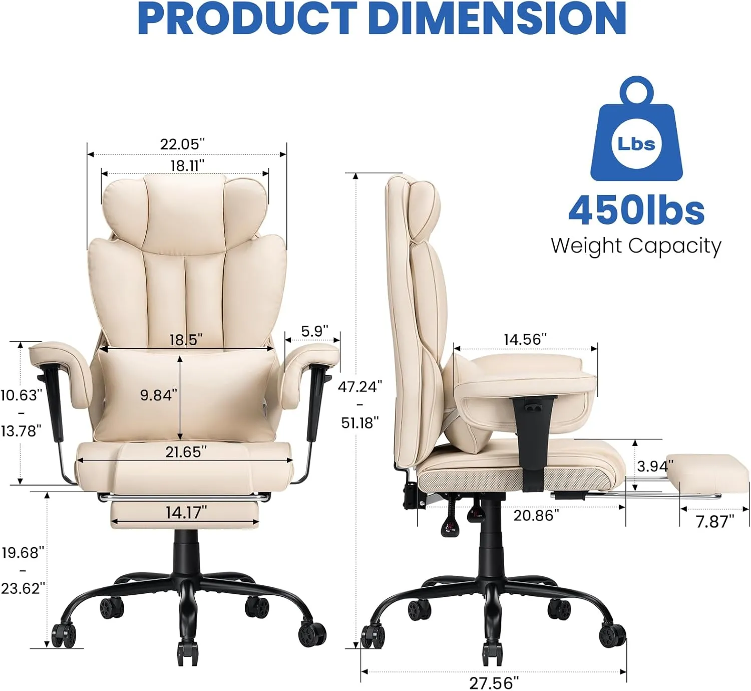 Executive Office Chair Big and Tall with Massage Lumbar Support 450lbs Reclining Office Chair with Footrest Heavy Duty Desk Chair High Back Ergonomic Leather Chair for Heavy People Beige