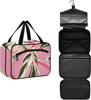 Exotic Pink Bright Leaves Toiletry Bag for Traveling Large Capacity Hanging Travel Bag for Women - Large