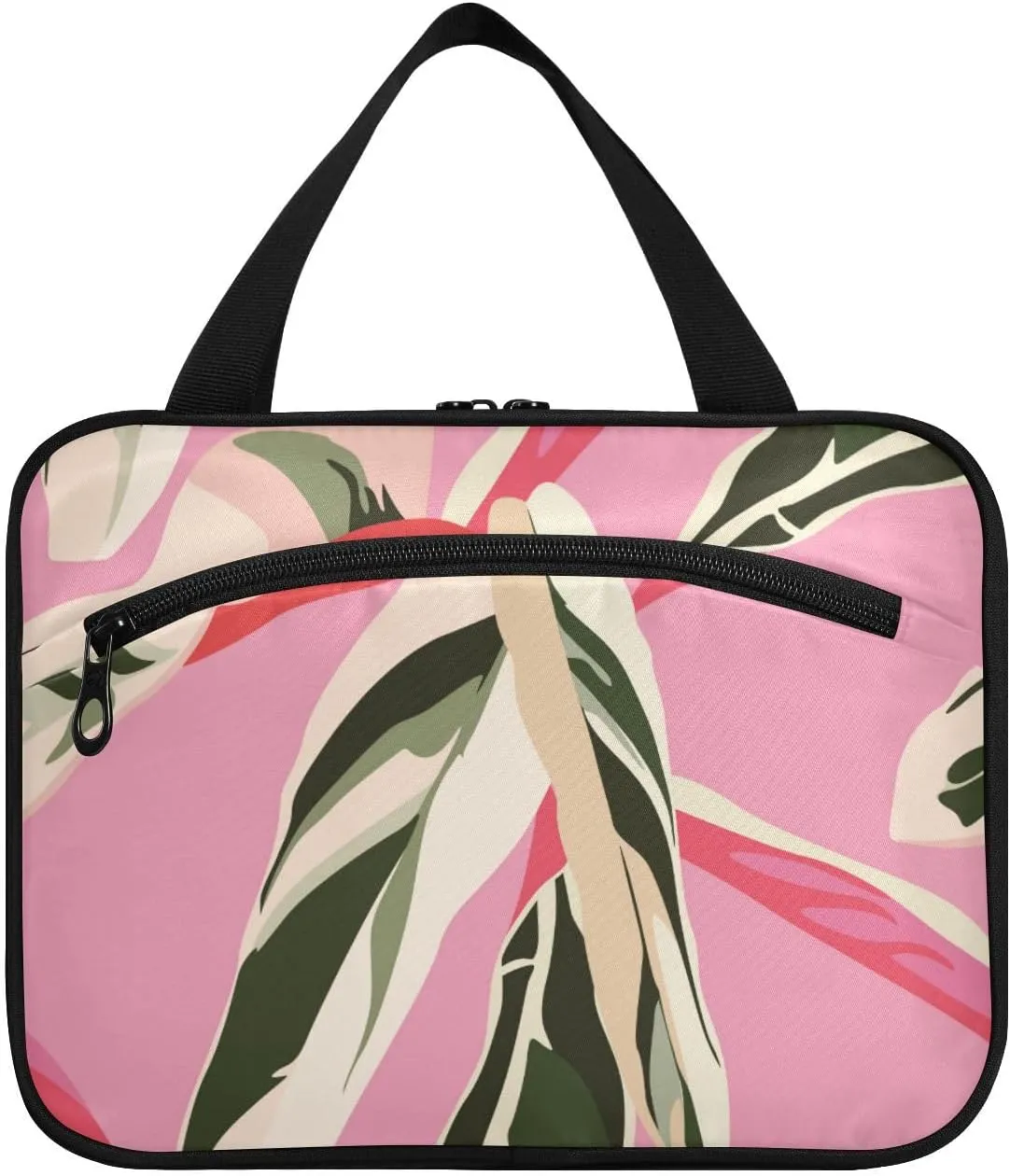 Exotic Pink Bright Leaves Toiletry Bag for Traveling Large Capacity Hanging Travel Bag for Women - Large