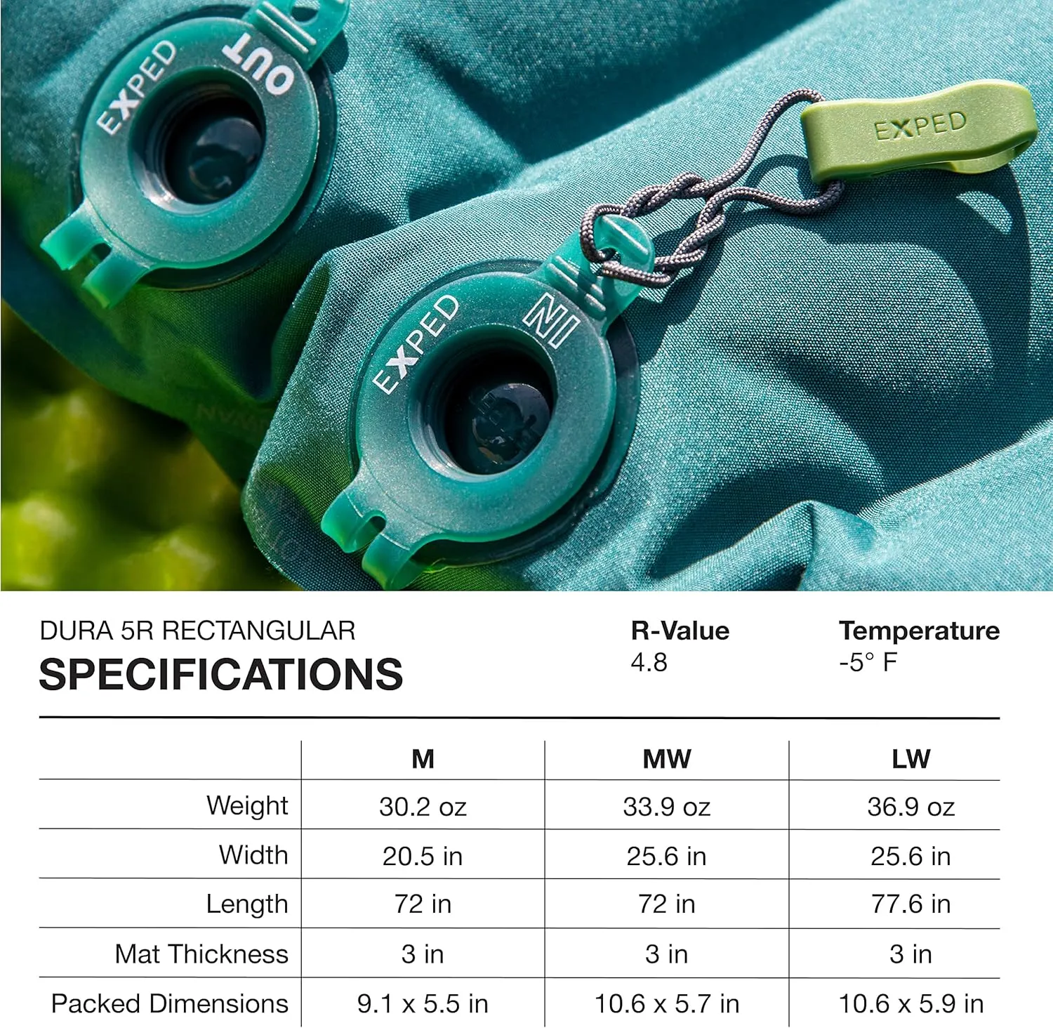 Exped Dura 5R | Abrasion Resistant | Insulated and Comfortable | -5 Degree Sleeping Pad, Cypress, Long Wide