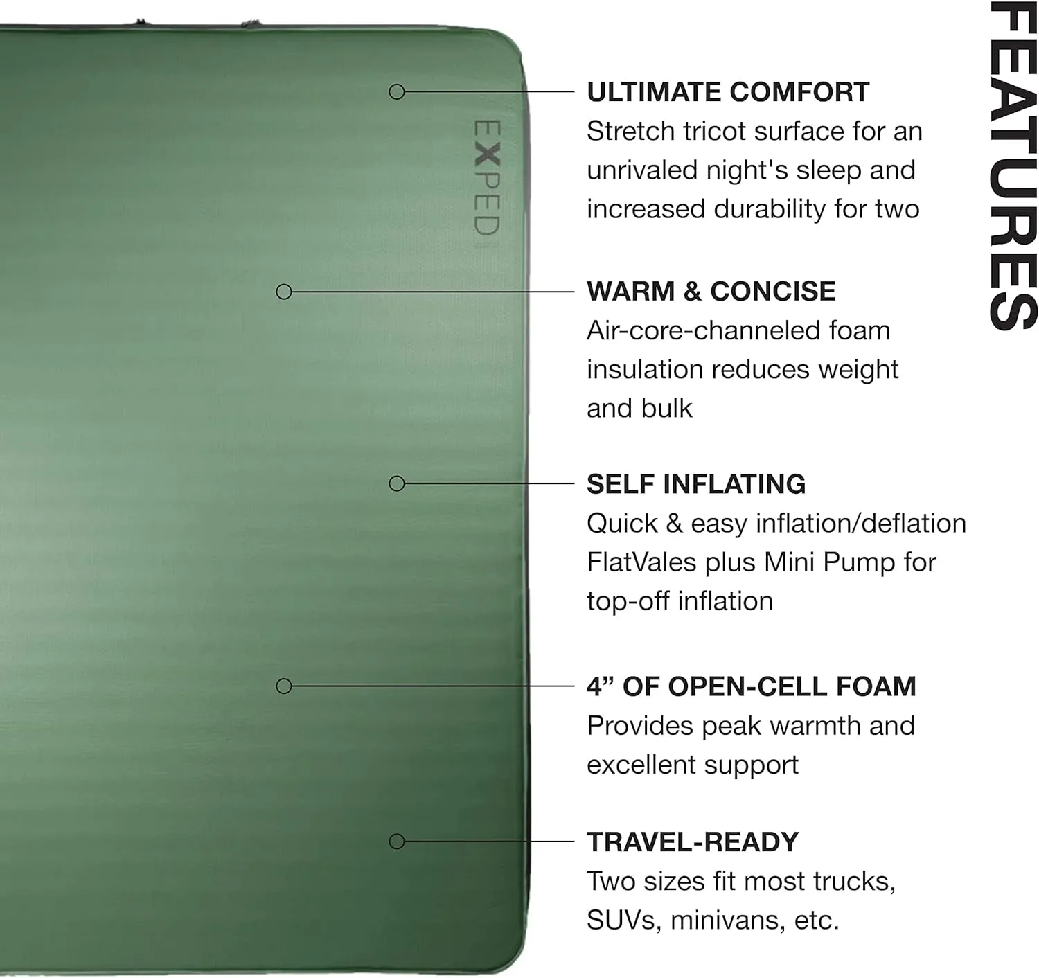 Exped MegaMat 10 Duo - Self Inflating Foam Sleeping Pad, 4" Thickness Camping Bed, Compact and Lightweight, Mini Pump Included, Green, Long Wide Plus - Past Season