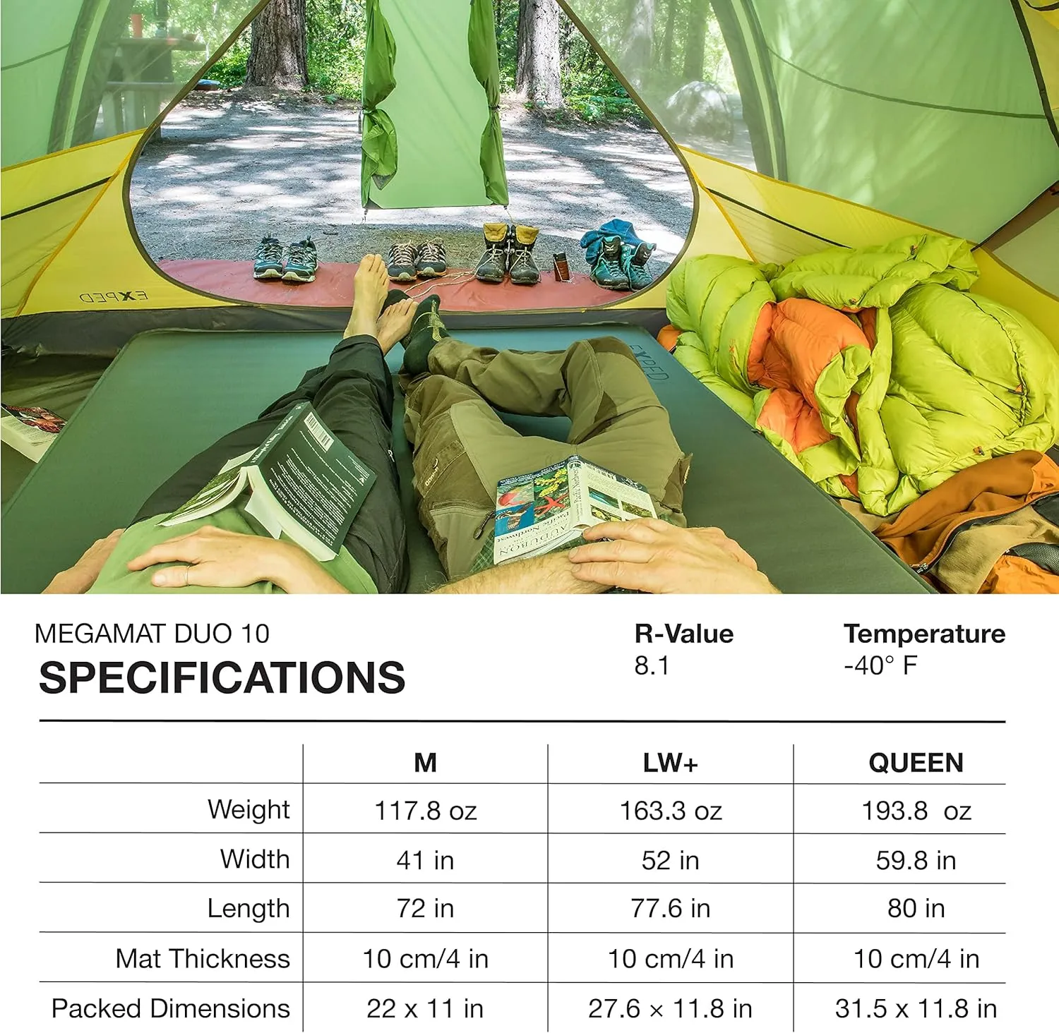 Exped MegaMat 10 Duo - Self Inflating Foam Sleeping Pad, 4" Thickness Camping Bed, Compact and Lightweight, Mini Pump Included, Green, Long Wide Plus - Past Season
