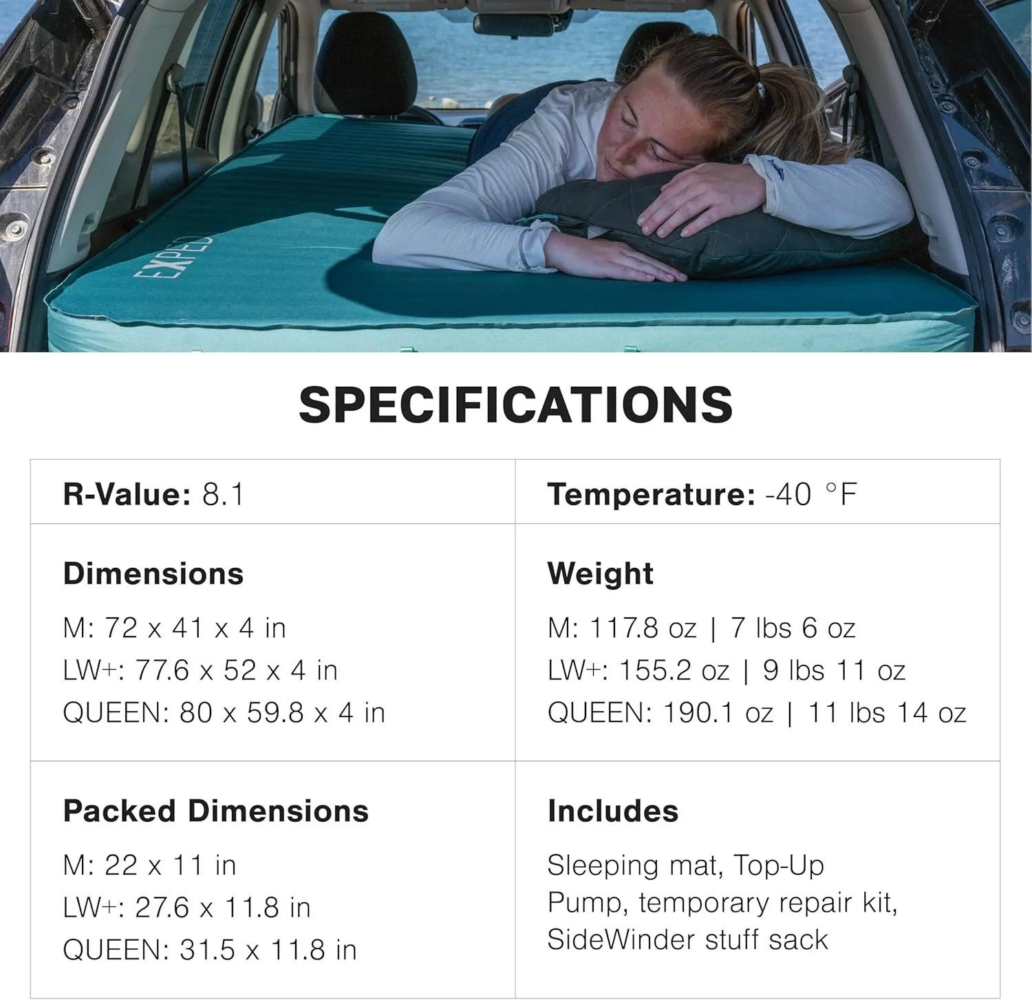 Exped MegaMat Duo Queen - Self Inflating Soft Car Sleeping Mat, 4” Foam Pad, Pump Included