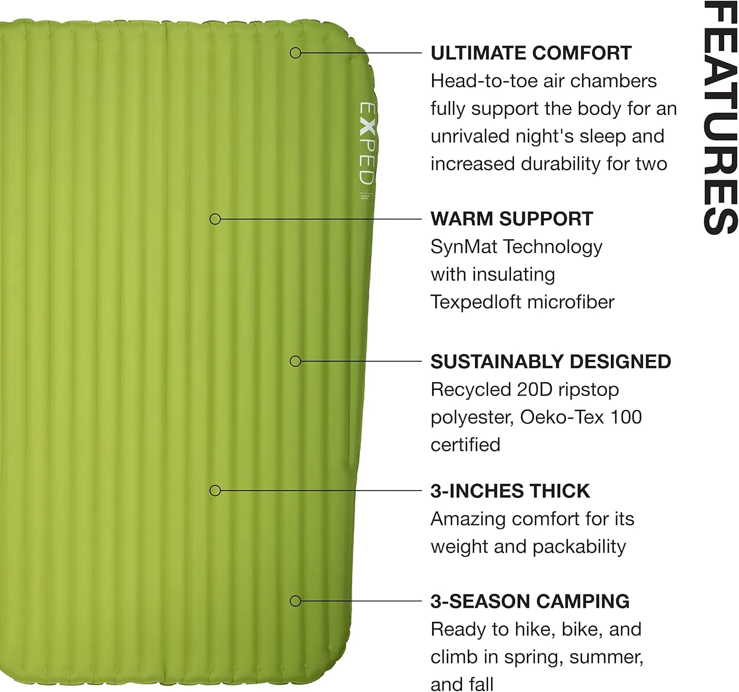 Exped Ultra 3R Duo | Lightweight Backpacking Mat for Two | Packable and Comfortable | 20 Degree 3-Season Sleeping Mat, Lichen, Duo Long Wide