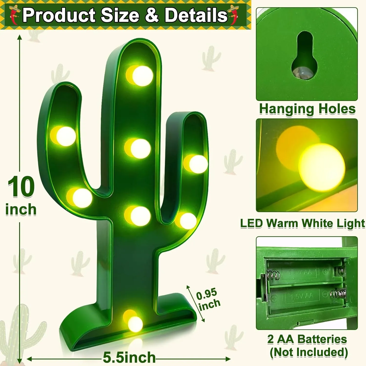 Extra Large - 2 Pack LED Cactus Light Cinco de Mayo Decorations 10 x 5.5 Inch Cactus Decor Mexican Fiesta Party Decorations Cute Night Lamp for Table Kids' Room Bedroom Living Room Gift Party Home