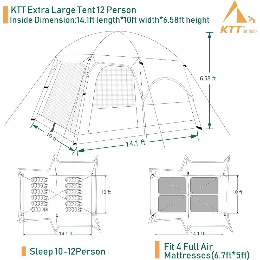Extra Large Family Camping Tent for 10-12 People with 2 Rooms, Straight Wall Design, 3 Doors, 3 Windows, and Waterproof