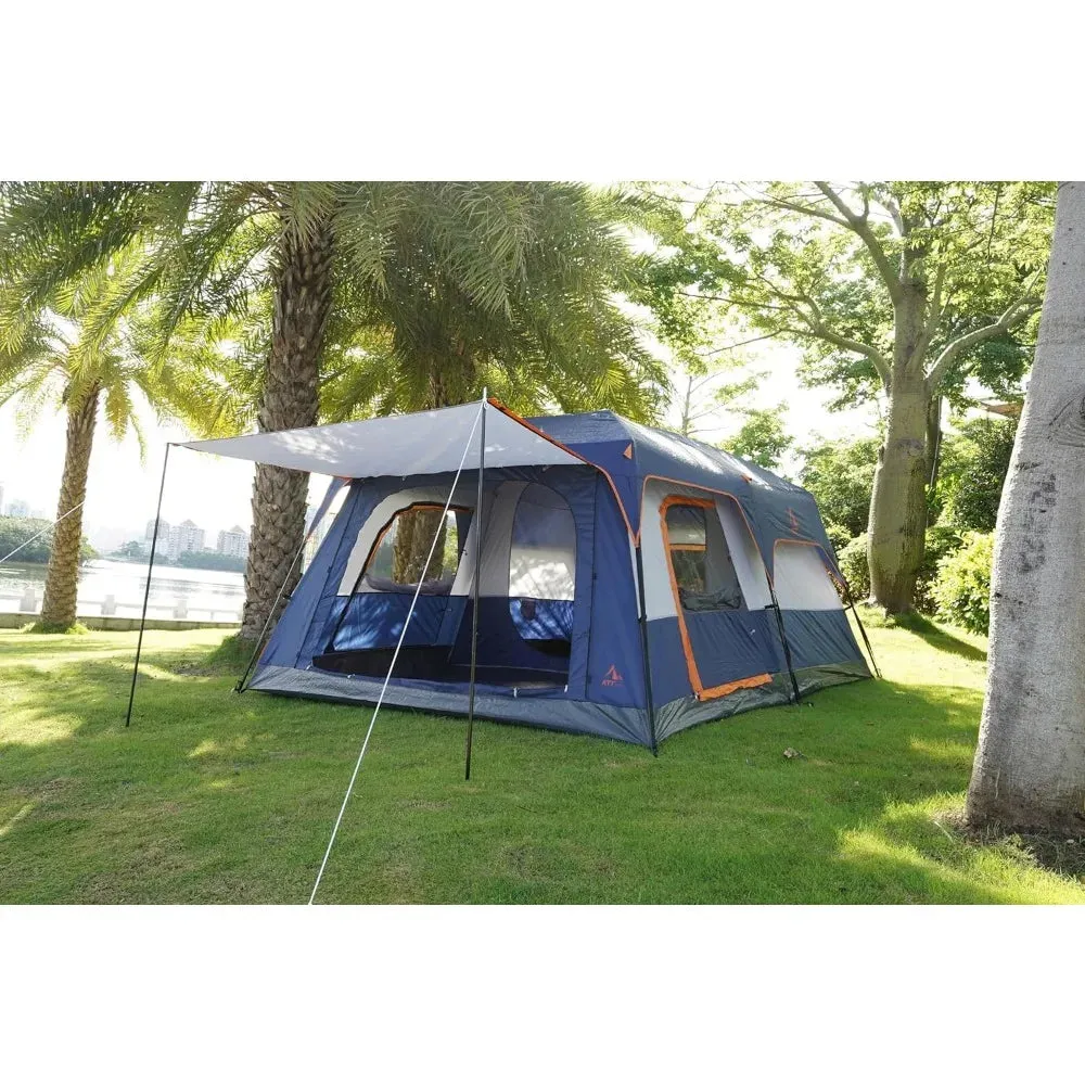Extra Large Family Camping Tent for 10-12 People with 2 Rooms, Straight Wall Design, 3 Doors, 3 Windows, and Waterproof