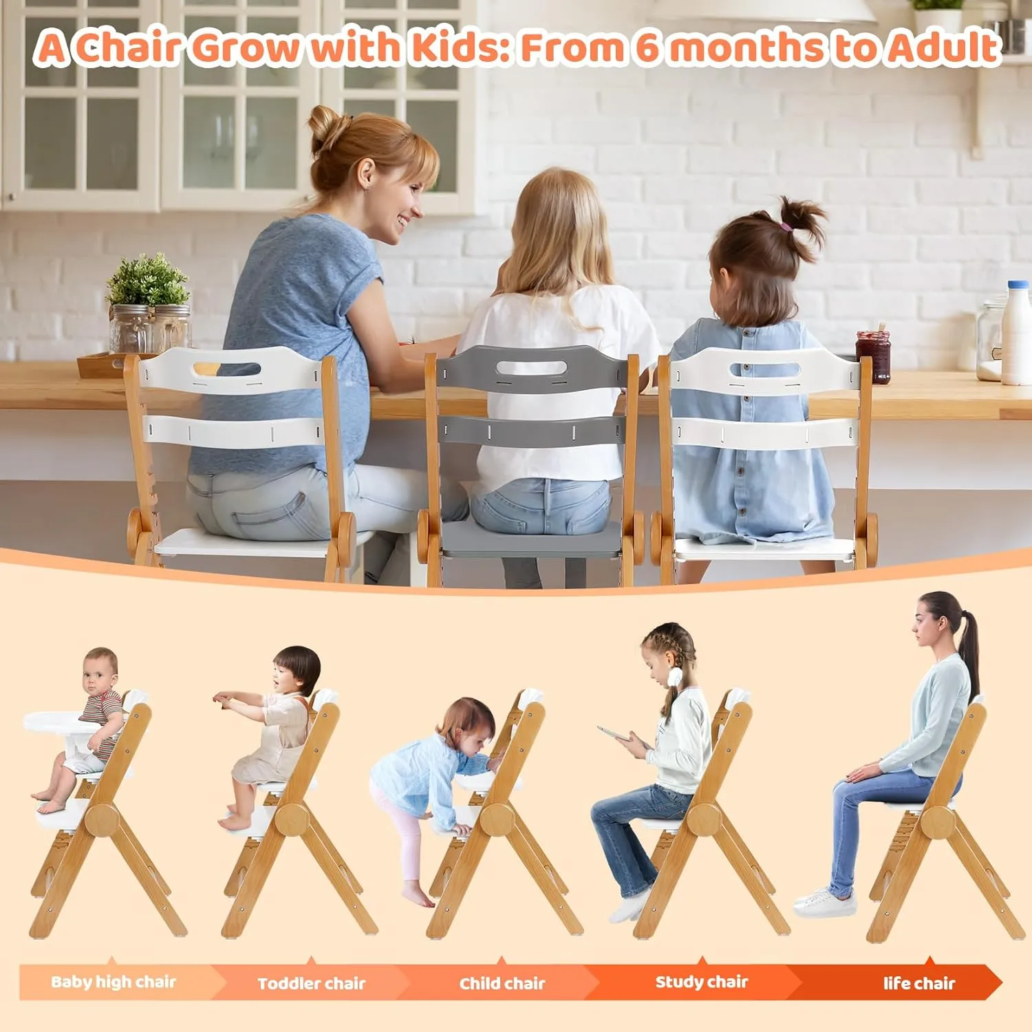 Ezebaby Wooden High Chair Grow with Your Child, Foldable Baby High Chairs with Adjustable Seat and Footrest Heights, High Chair for Babies and Toddlers with Cushion and Large Double Layer Tray(White)