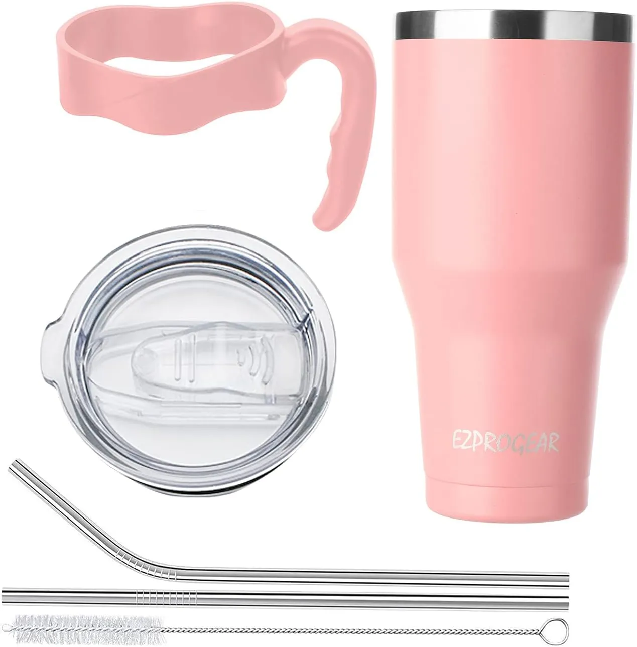 Ezprogear 40 oz Stainless Steel Beer Tumbler Pink Camping Mug Double Wall Vacuum Insulated with Straws and Handle (Pink)