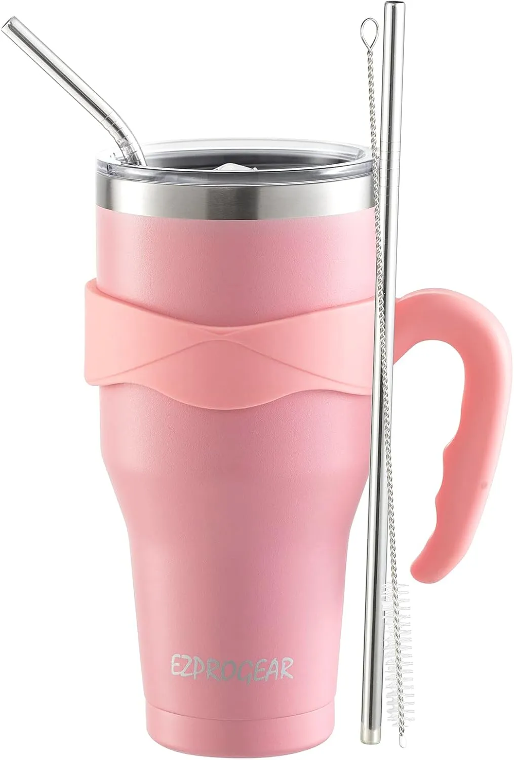 Ezprogear 40 oz Stainless Steel Beer Tumbler Pink Camping Mug Double Wall Vacuum Insulated with Straws and Handle (Pink)