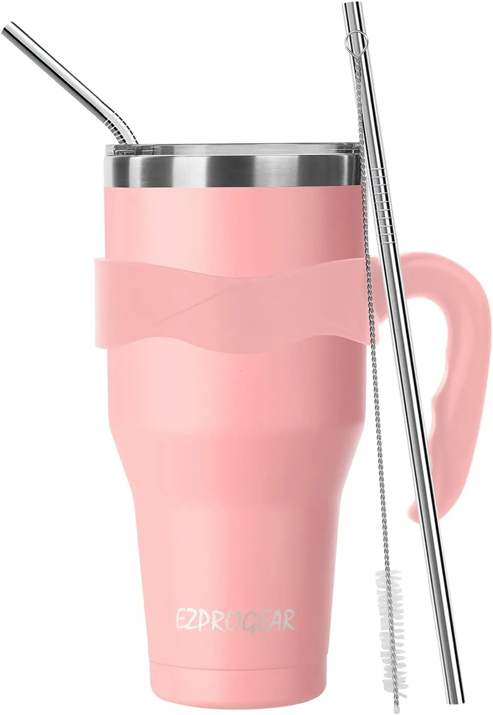 Ezprogear 40 oz Stainless Steel Beer Tumbler Pink Camping Mug Double Wall Vacuum Insulated with Straws and Handle (Pink)