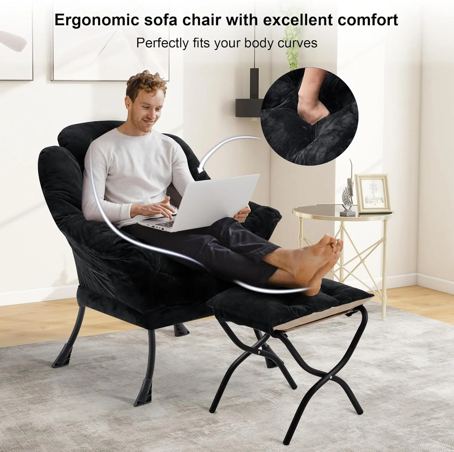 Fabric Lazy Chair with Ottoman, Oversized Upholstered Sofa Chair for Adults, Plush Comfy Lounge Chair with Large Side Storage Pocket, Reading Chair for Living Room, Bedroom, Study Room, Black